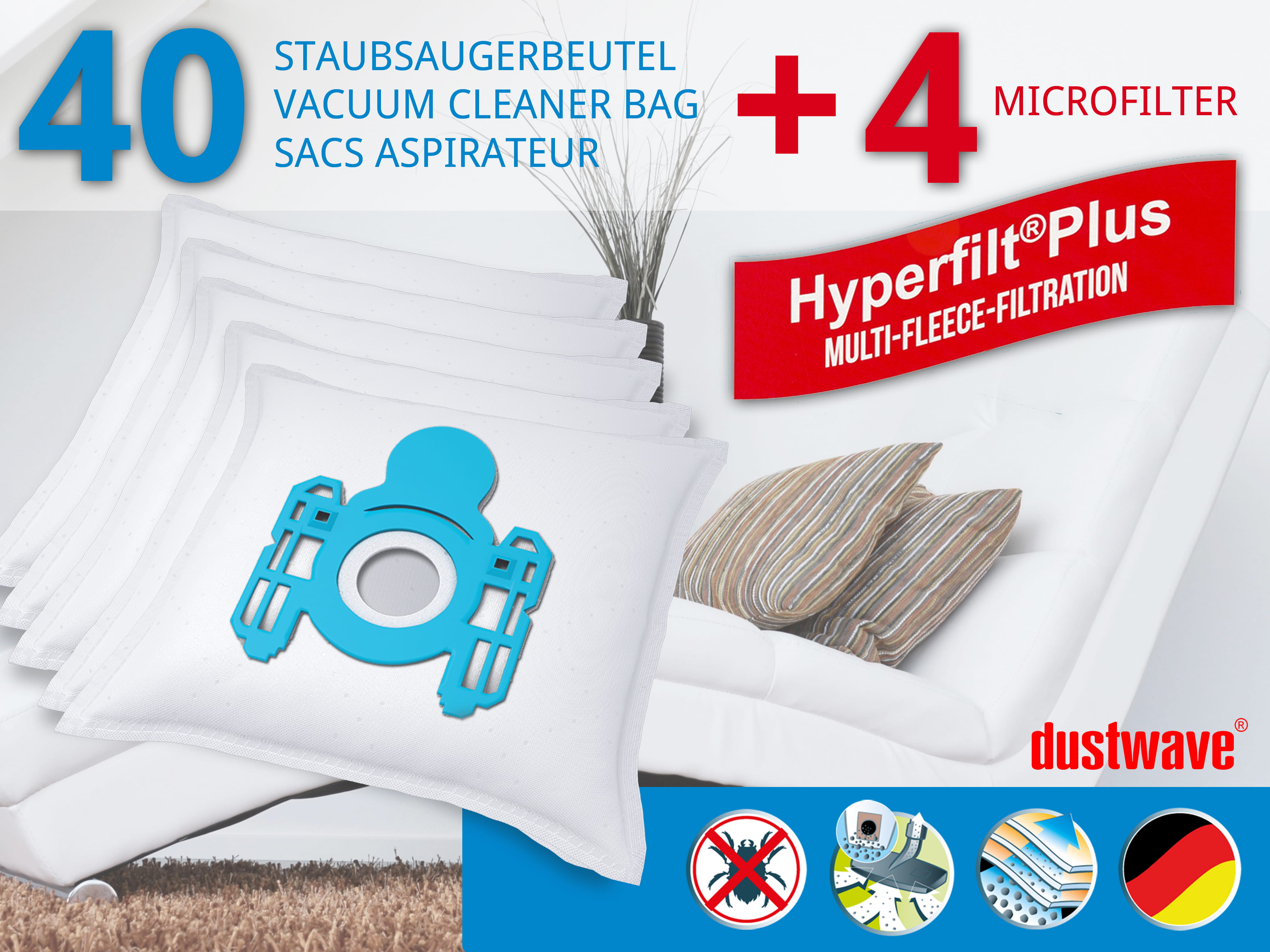 Dustwave® 40 Staubsaugerbeutel für Blue Sky BVC 1805 / BVC1805 - hocheffizient, mehrlagiges Mikrovlies mit Hygieneverschluss - Made in Germany