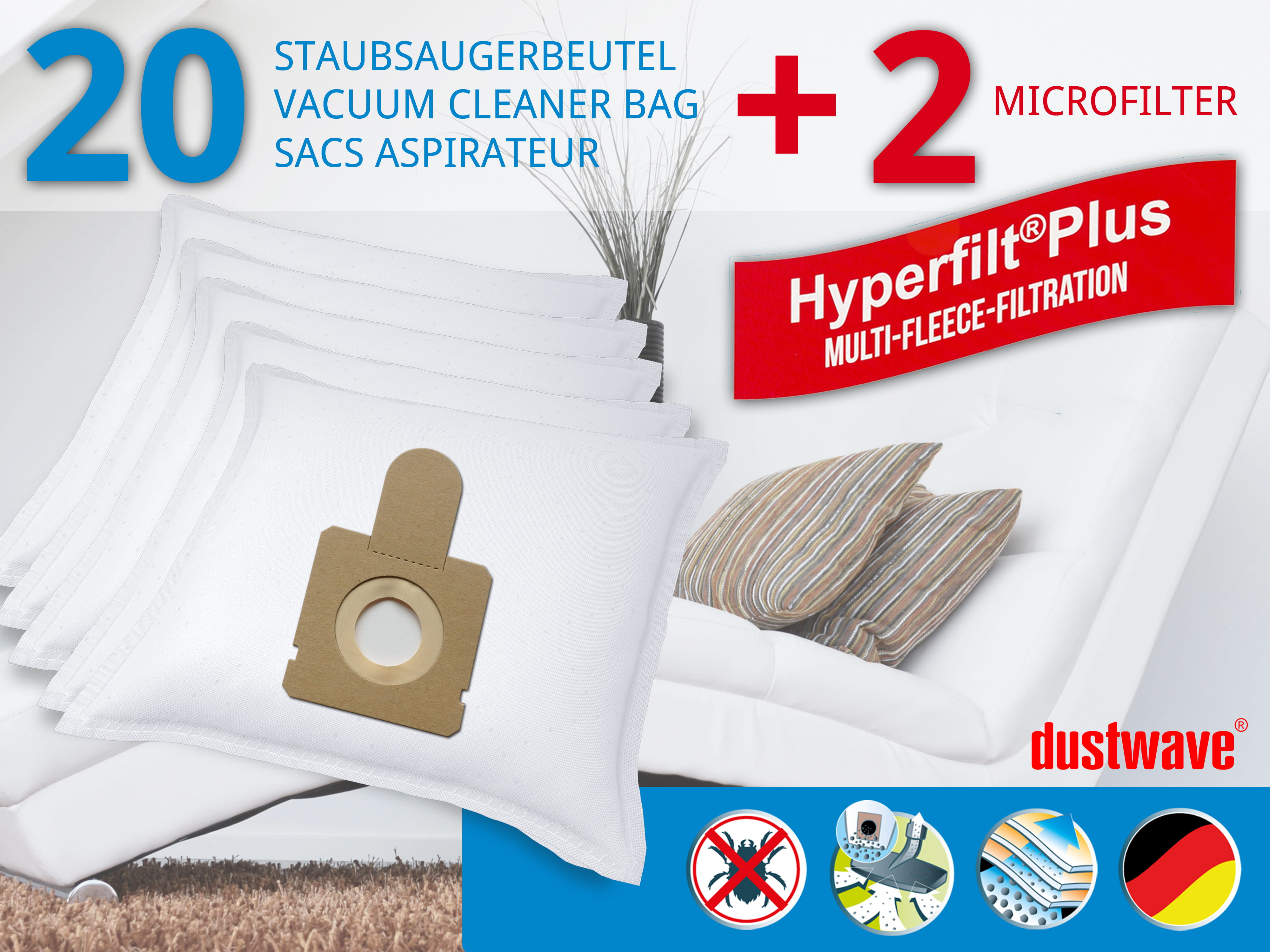 Dustwave® 20 Staubsaugerbeutel für Hoover TCP2105 - hocheffizient, mehrlagiges Mikrovlies mit Hygieneverschluss - Made in Germany