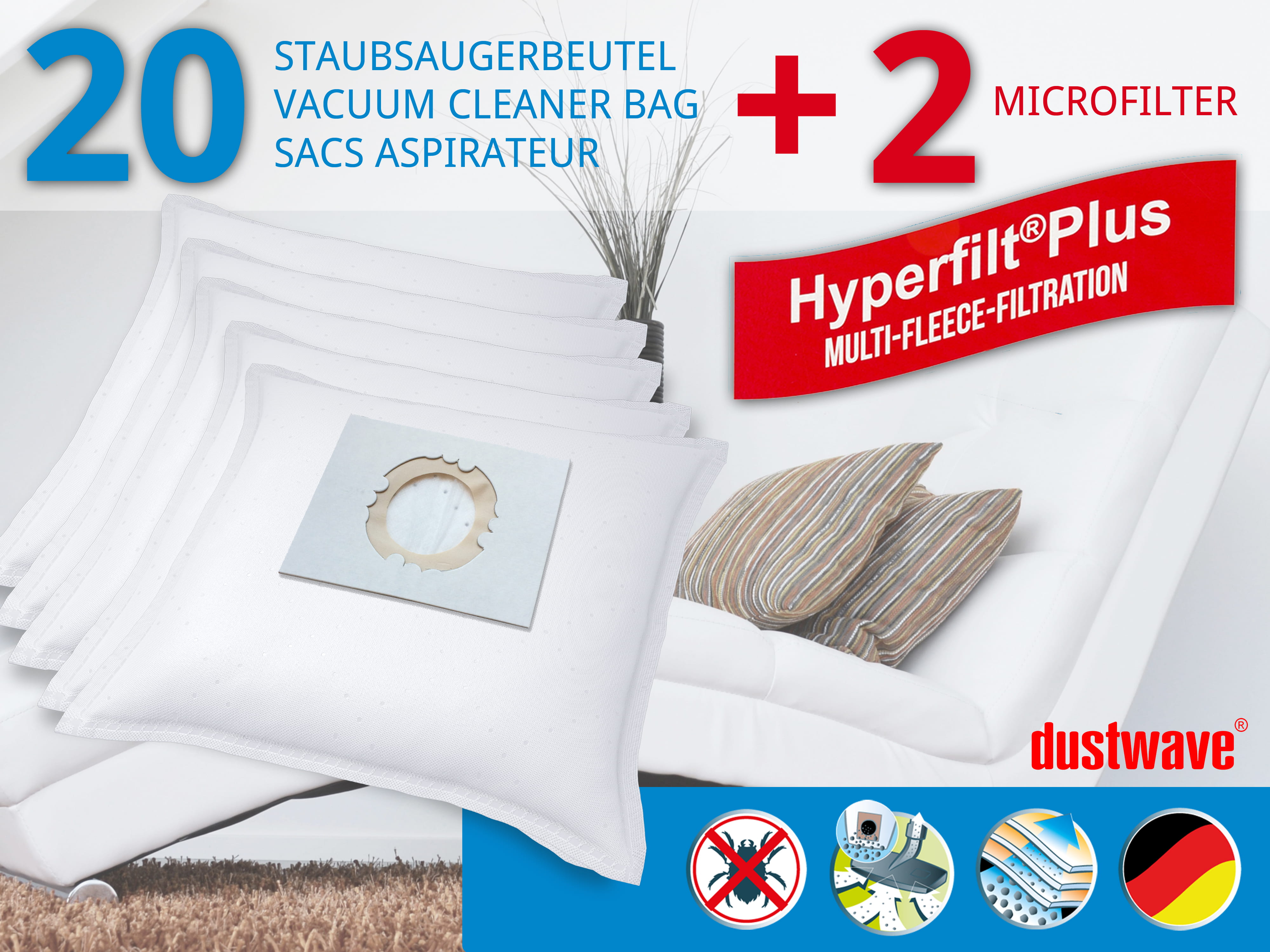 Dustwave® 20 Staubsaugerbeutel für Hoover S2053 Wet &amp; Dry - hocheffizient, mehrlagiges Mikrovlies mit Hygieneverschluss - Made in Germany