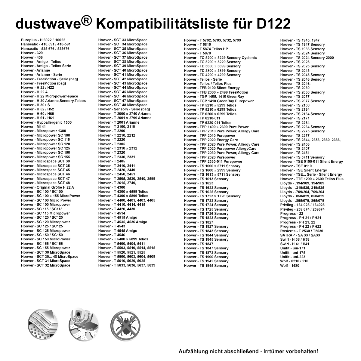 Dustwave® 10 Staubsaugerbeutel für Hoover TS2406 Sensory - hocheffizient, mehrlagiges Mikrovlies mit Hygieneverschluss - Made in Germany