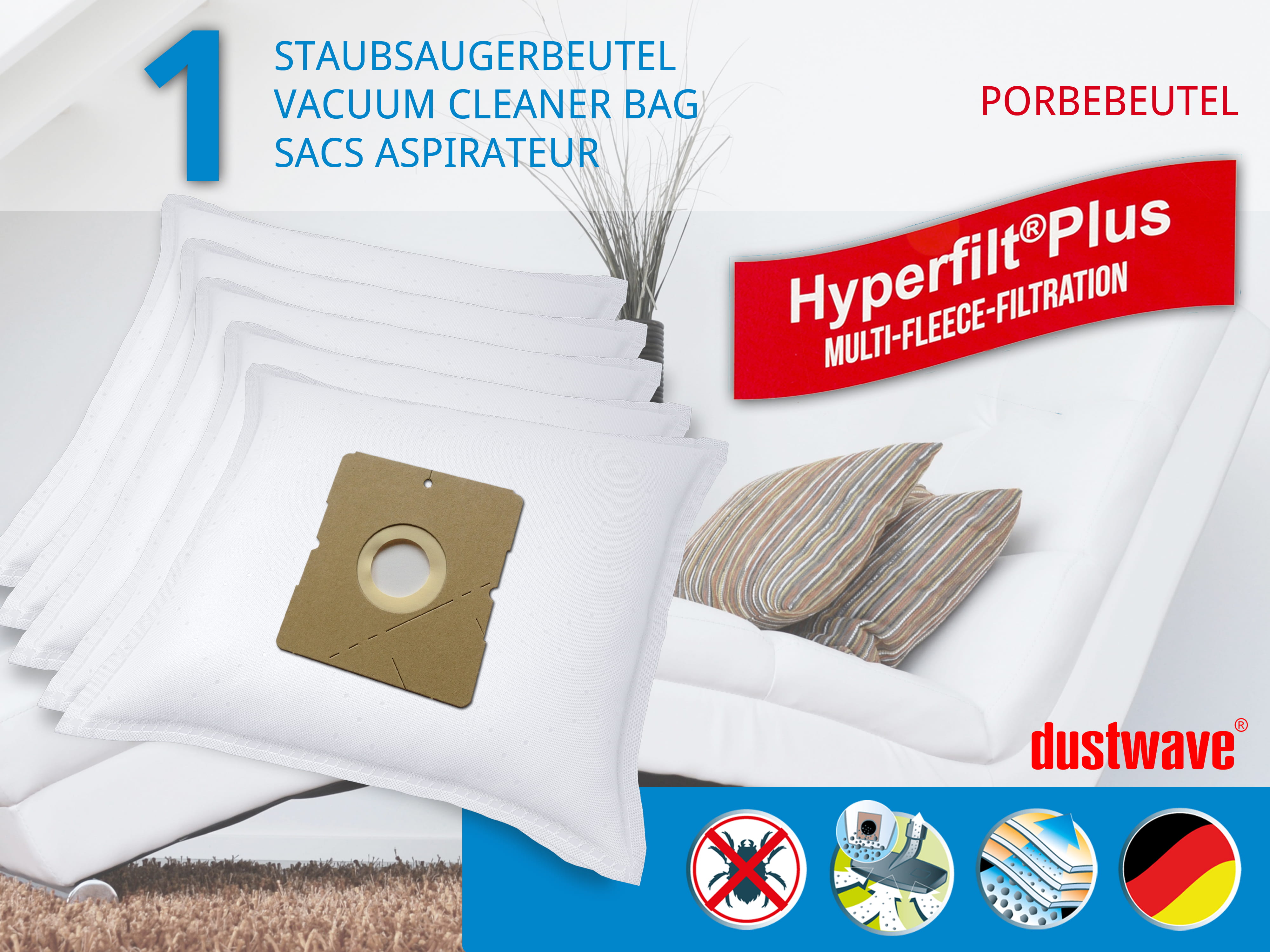 Dustwave® 1 Staubsaugerbeutel für Hoover H4TURBOPOWER - hocheffizient, mehrlagiges Mikrovlies mit Hygieneverschluss - Made in Germany