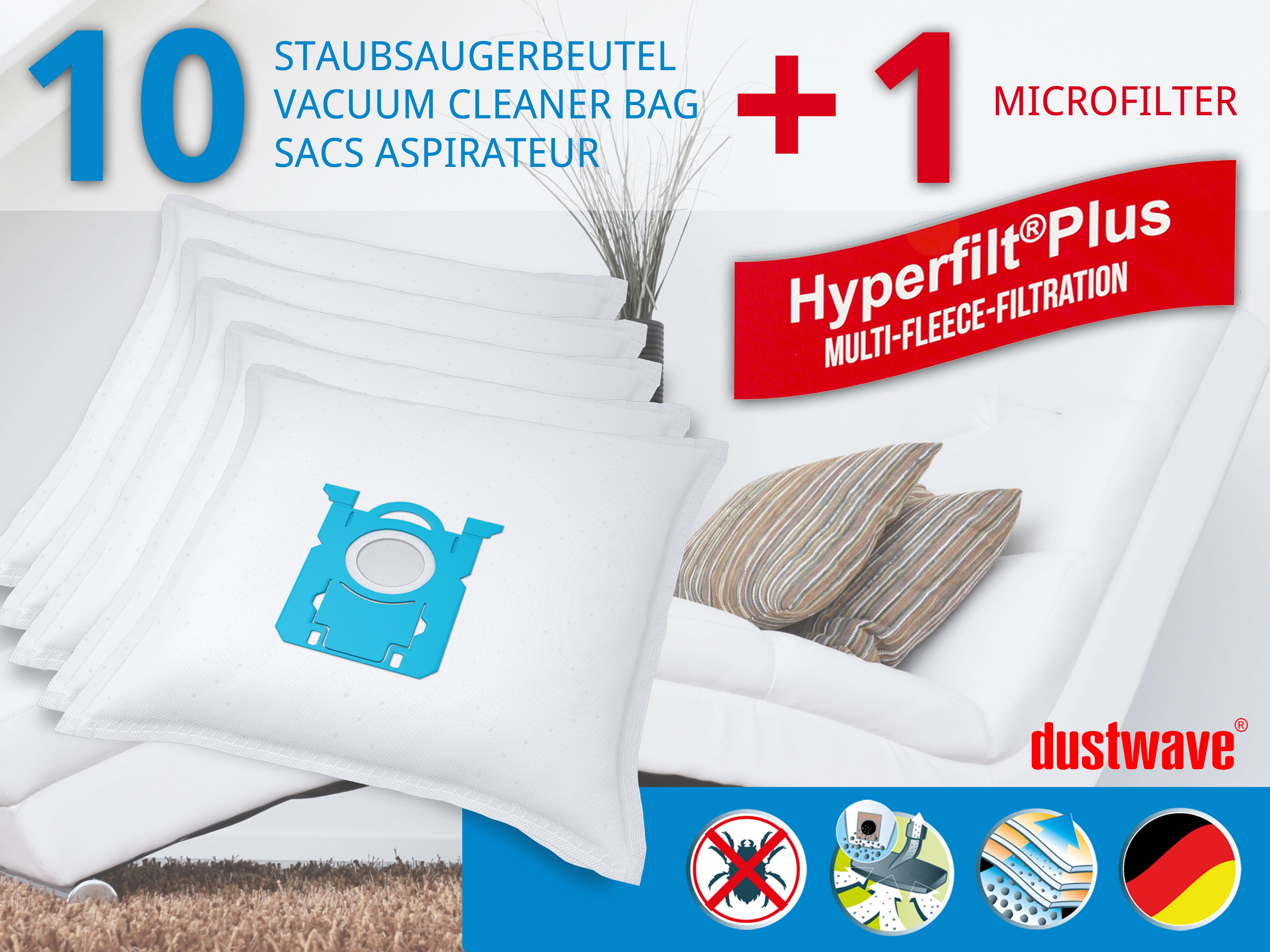 Dustwave® 10 Staubsaugerbeutel für AEG VX9-1-SB-P - hocheffizient, mehrlagiges Mikrovlies mit Hygieneverschluss - Made in Germany