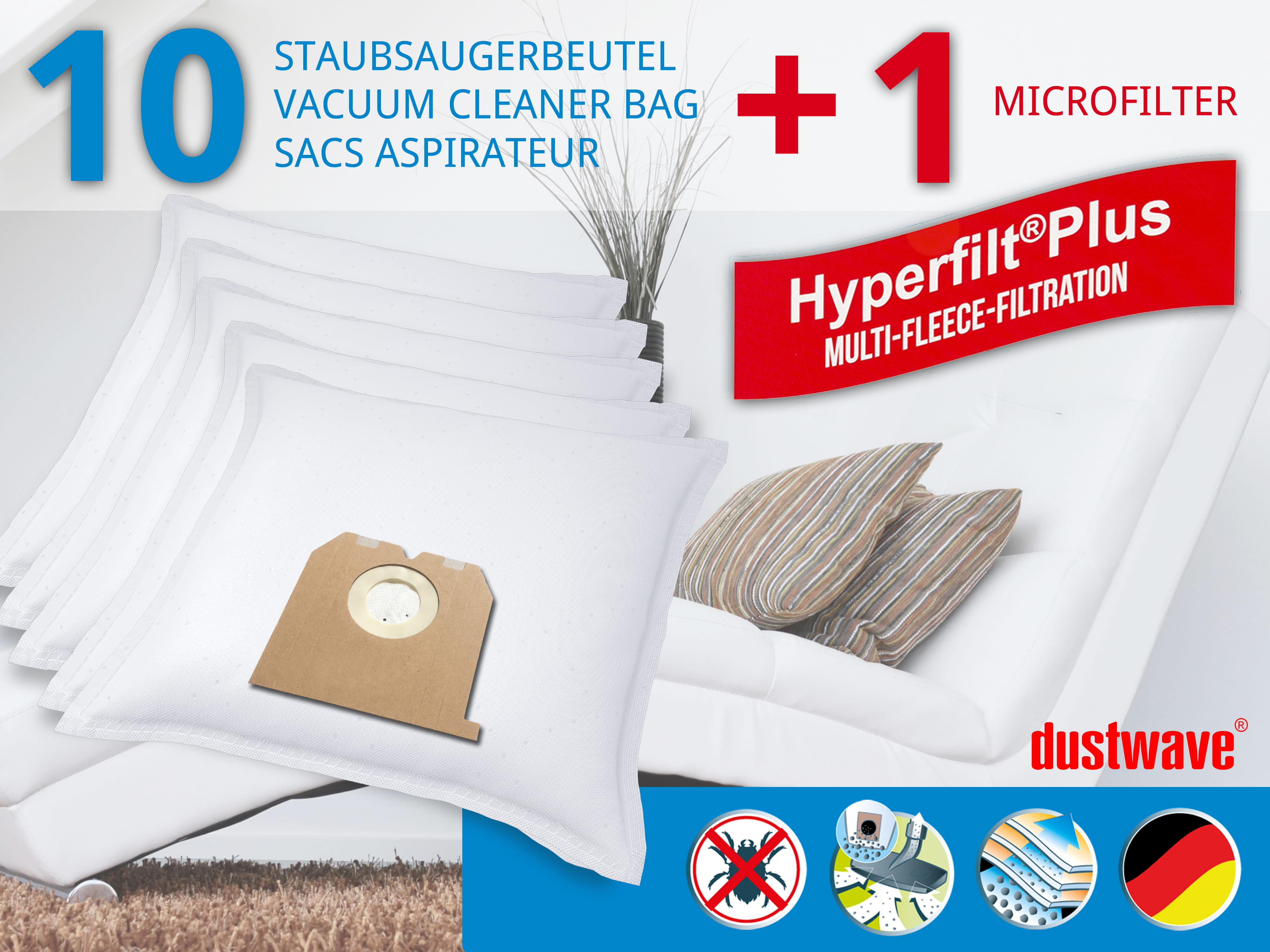 Dustwave® 10 Staubsaugerbeutel für Base BA 1201 - hocheffizient, mehrlagiges Mikrovlies mit Hygieneverschluss - Made in Germany