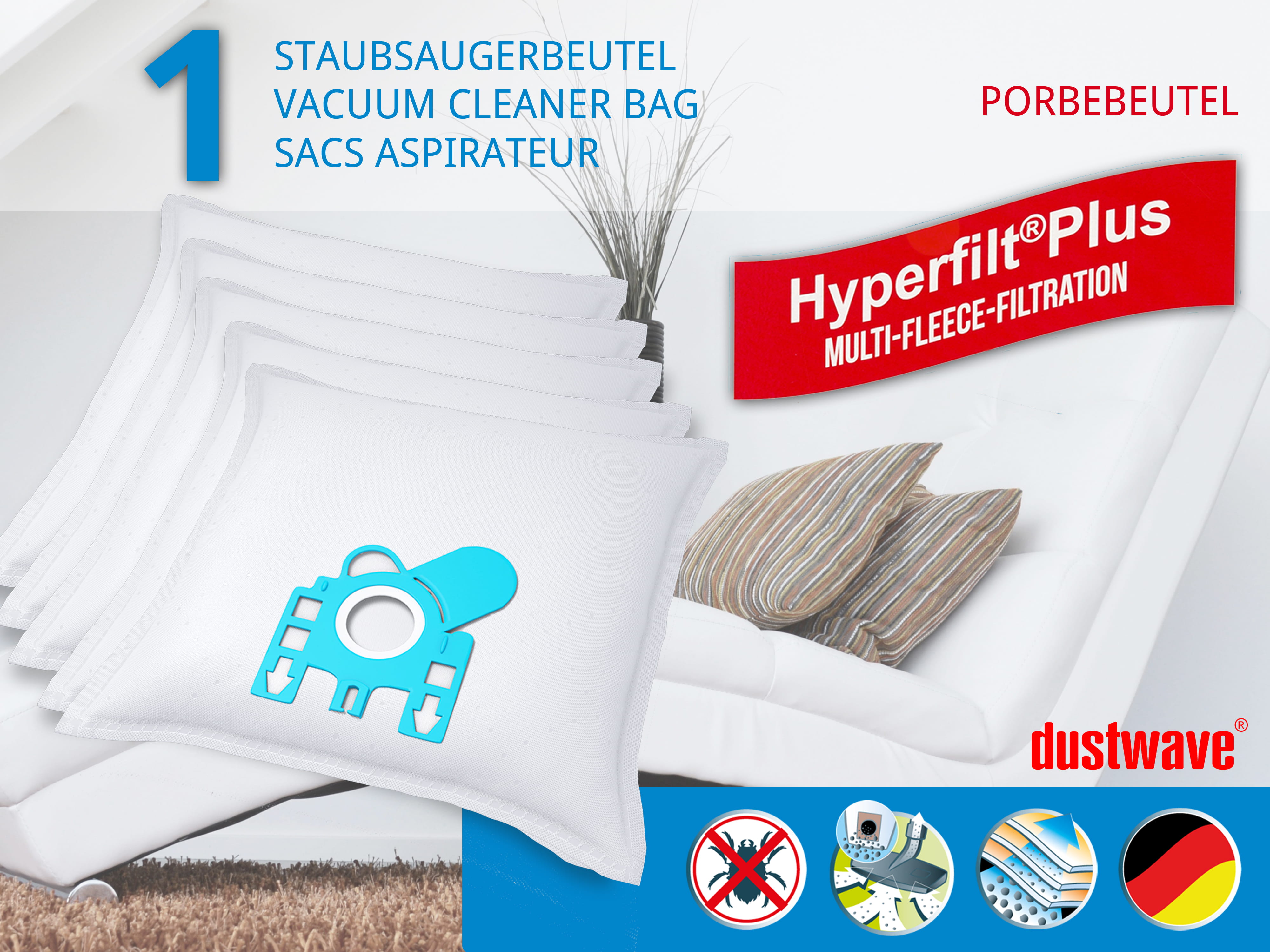 Dustwave® 1 Staubsaugerbeutel für Hoover Hypoallergenic 1500 - hocheffizient, mehrlagiges Mikrovlies mit Hygieneverschluss - Made in Germany