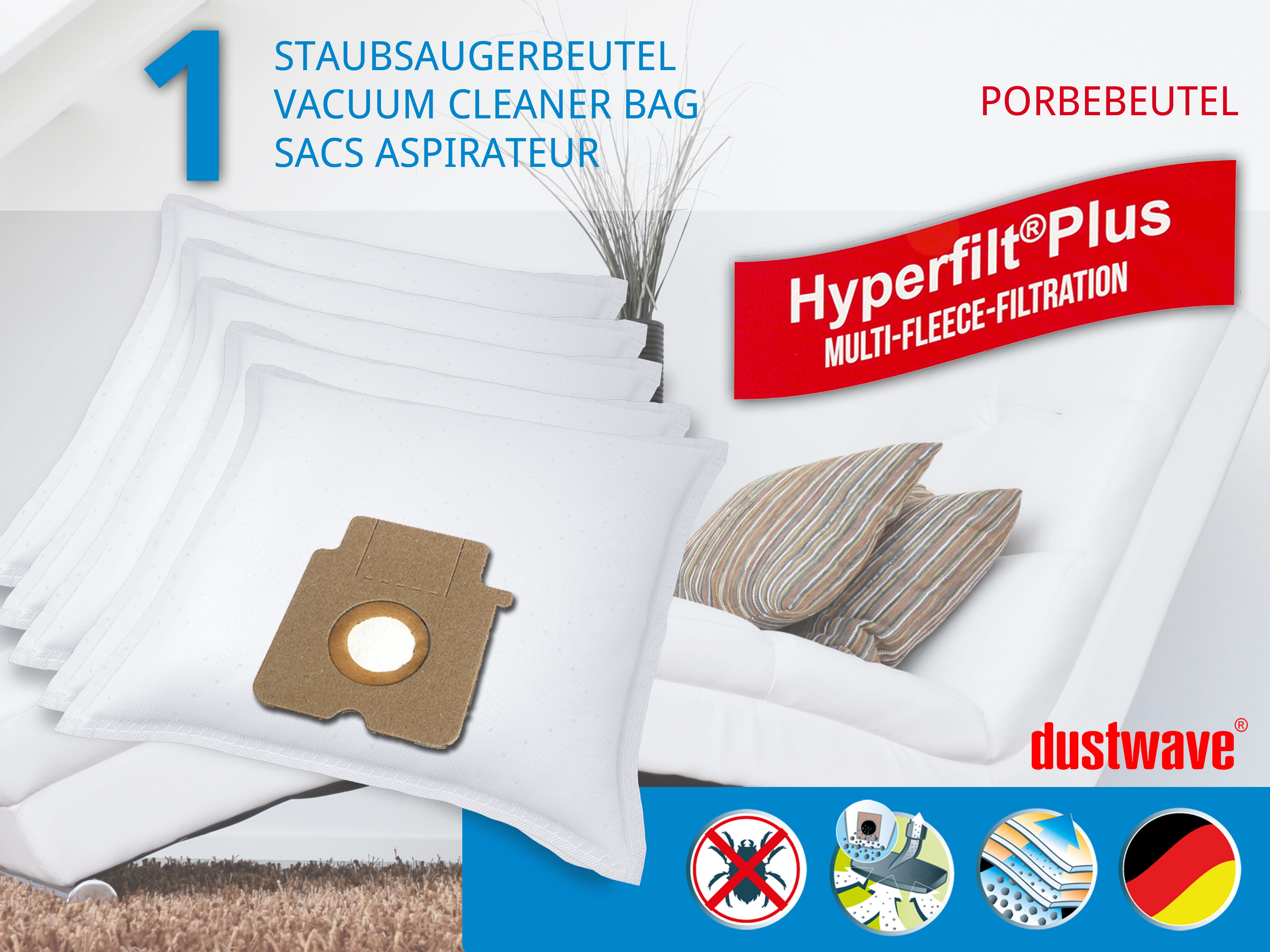 Dustwave® 1 Staubsaugerbeutel für Base BA 2702 - hocheffizient mit Hygieneverschluss - Made in Germany