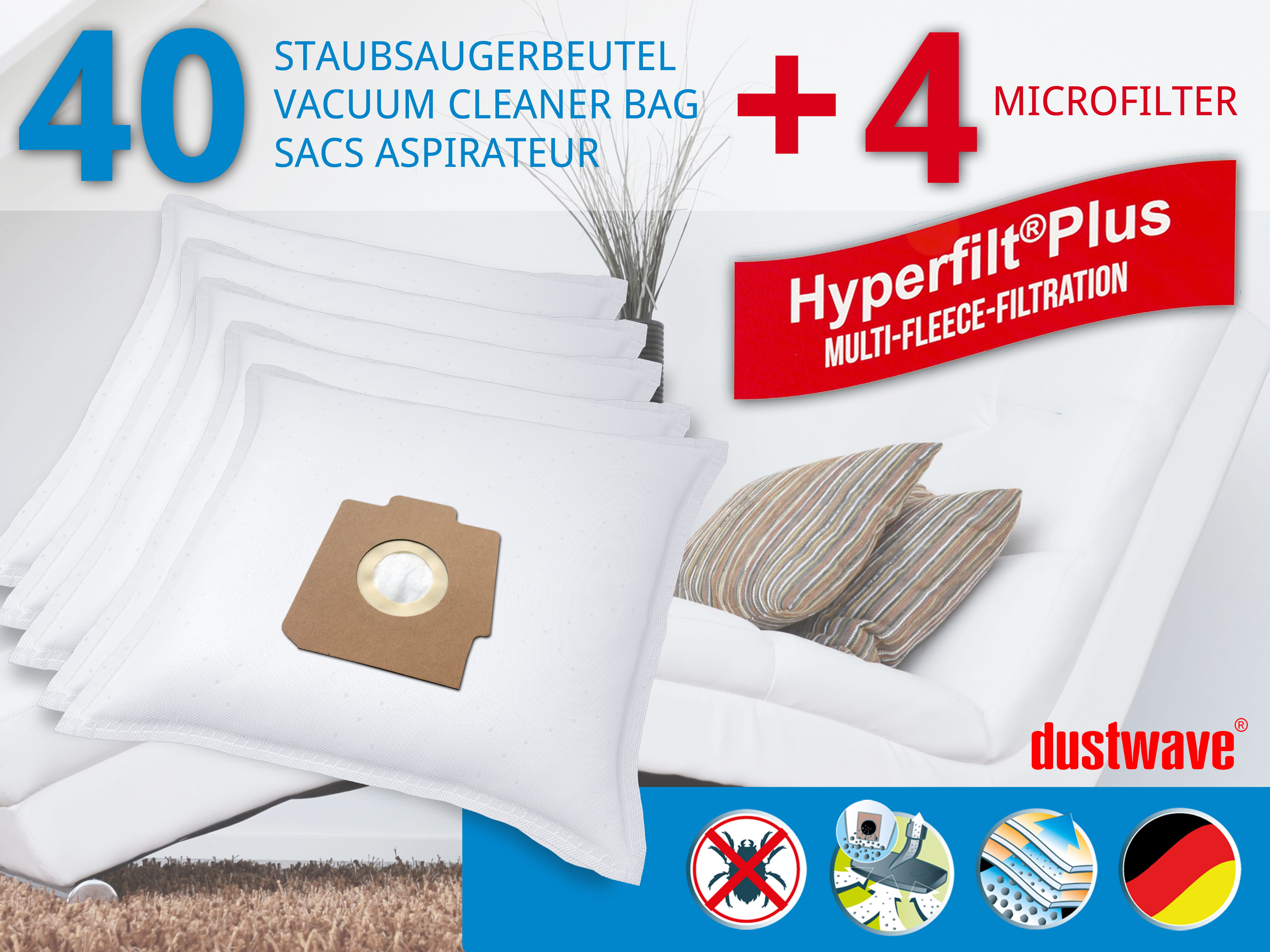 Dustwave® 40 Staubsaugerbeutel für Hoover SC232... / TRSC232 Alpina / Compact - hocheffizient, mehrlagiges Mikrovlies mit Hygieneverschluss - Made in Germany