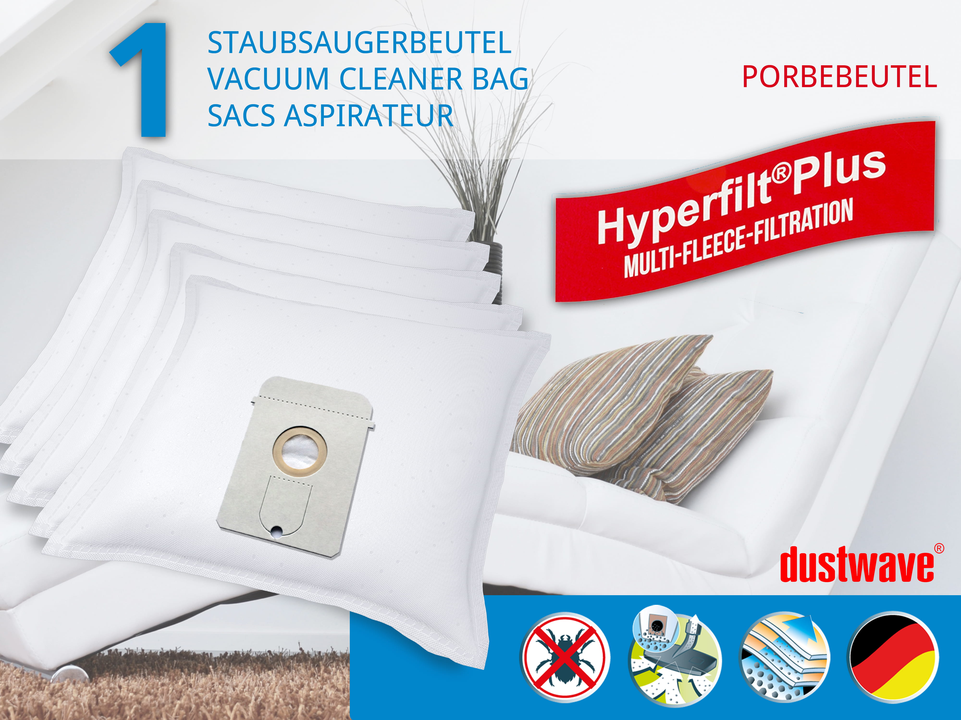 Dustwave® 1 Staubsaugerbeutel für AEG Vampyr TC 300 / 305 / 307 / 3005 - hocheffizient, mehrlagiges Mikrovlies mit Hygieneverschluss - Made in Germany