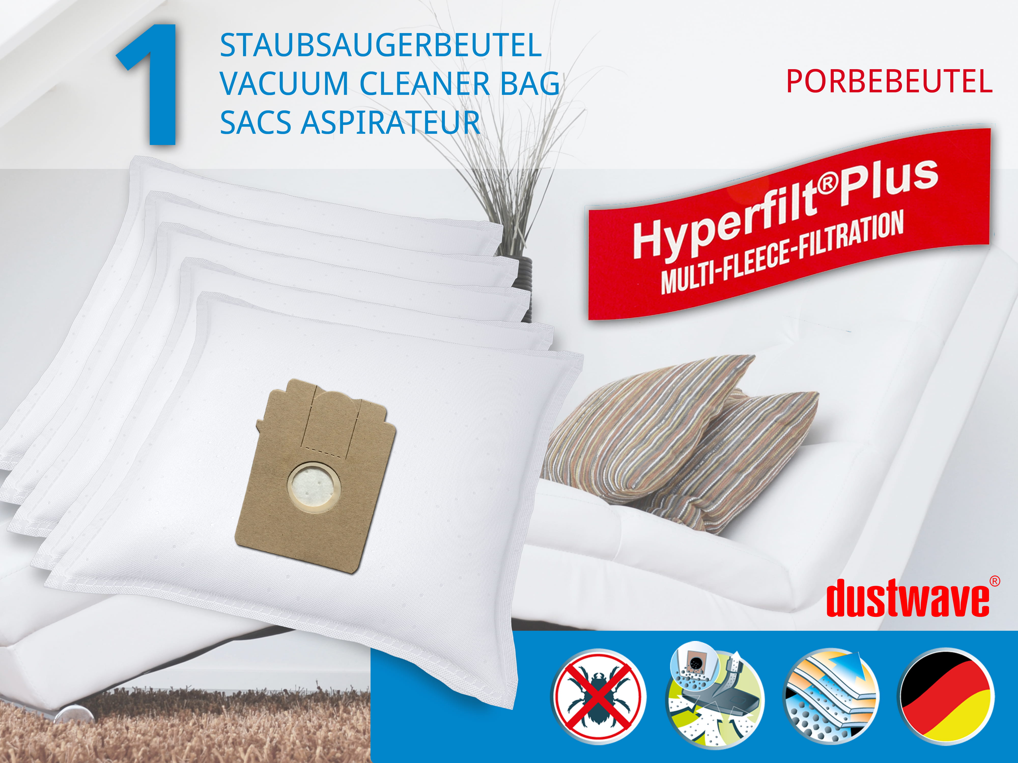 Dustwave® 1 Staubsaugerbeutel für Base BA 2001 - hocheffizient mit Hygieneverschluss - Made in Germany