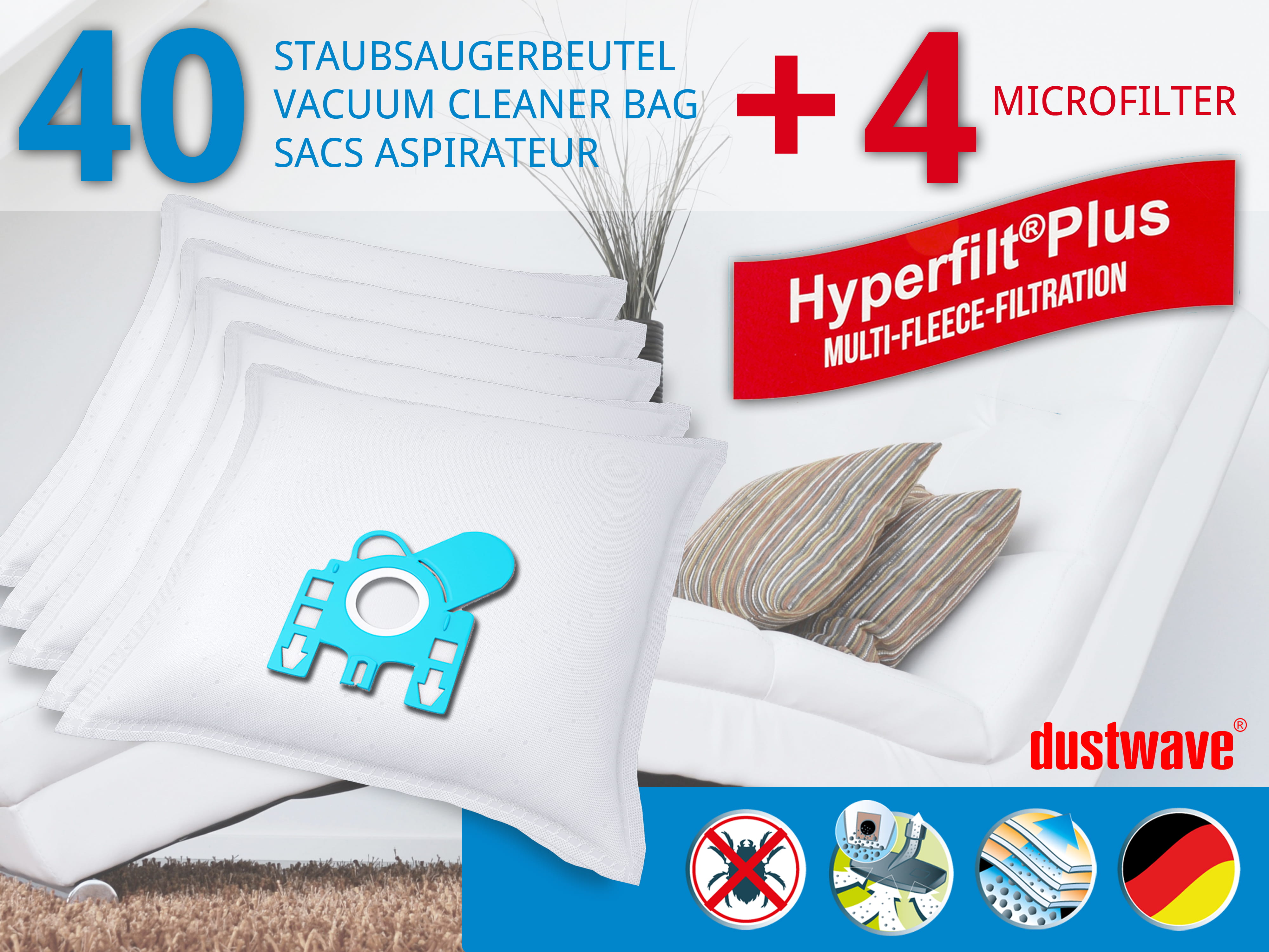 Dustwave® 40 Staubsaugerbeutel für Hoover 39000417 - hocheffizient, mehrlagiges Mikrovlies mit Hygieneverschluss - Made in Germany