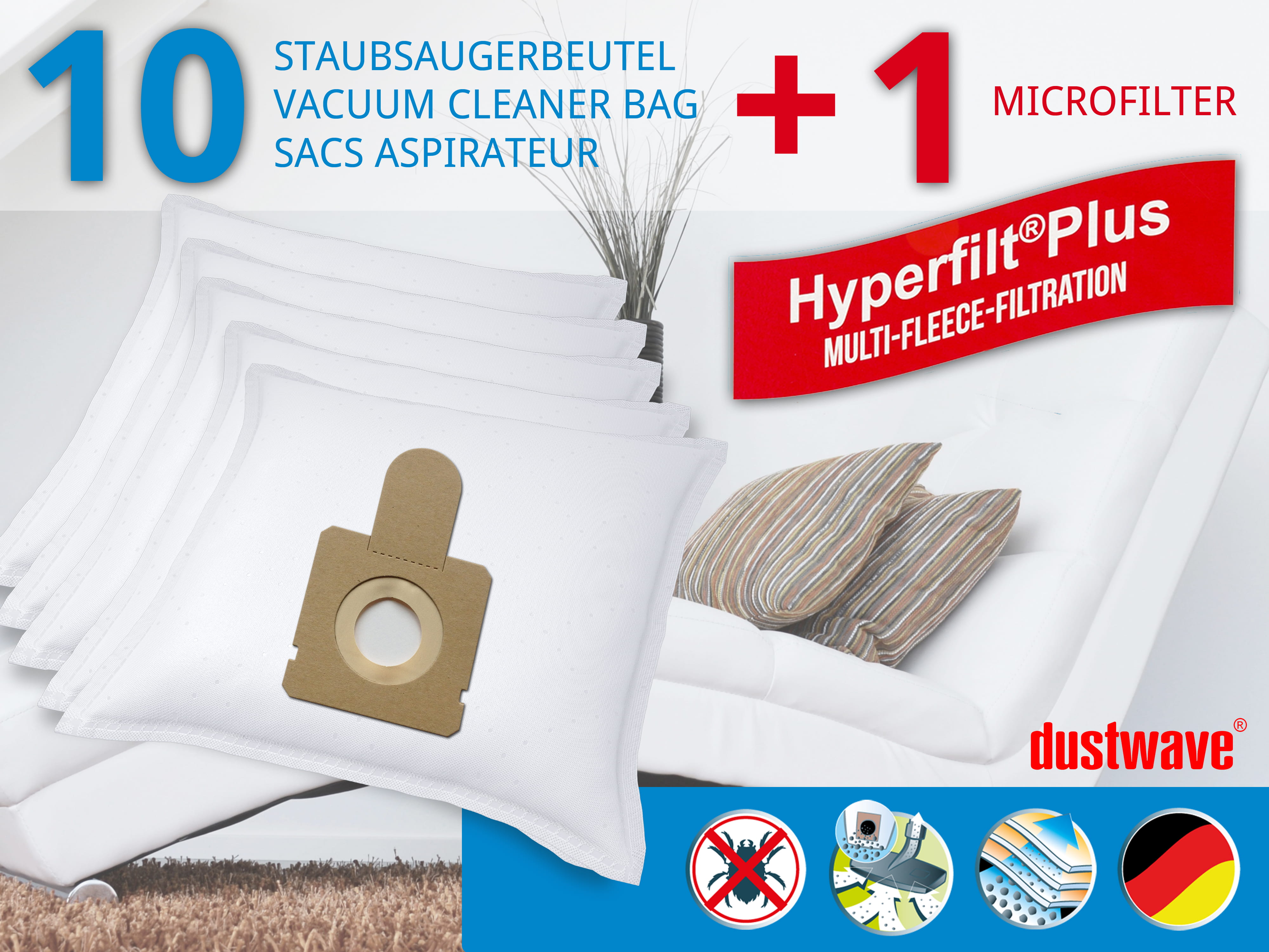 Dustwave® 10 Staubsaugerbeutel für Hoover TW1560 / TRTW1560 - hocheffizient, mehrlagiges Mikrovlies mit Hygieneverschluss - Made in Germany